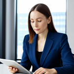 A professional businesswoman in a modest, dark blue business suit, seated calmly at a sleek minimalist desk, subtly reviewing financial data on a tablet. Her expression is composed and confident, reflecting foresight and long-term vision. The background features a softly blurred, modern office interior with natural light streaming through large windows, suggesting a sense of stability and calm amidst economic cycles. The overall aesthetic is clean, professional photography, high resolution, safe for work, appropriate content, fully clothed, professional dress, perfect anatomy, correct proportions, natural pose, well-formed hands, proper finger count, natural body proportions.