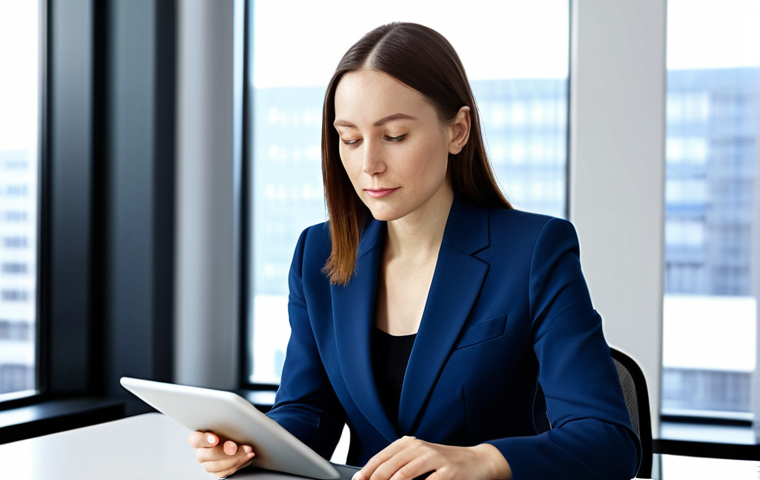 A professional businesswoman in a modest, dark blue business suit, seated calmly at a sleek minimalist desk, subtly reviewing financial data on a tablet. Her expression is composed and confident, reflecting foresight and long-term vision. The background features a softly blurred, modern office interior with natural light streaming through large windows, suggesting a sense of stability and calm amidst economic cycles. The overall aesthetic is clean, professional photography, high resolution, safe for work, appropriate content, fully clothed, professional dress, perfect anatomy, correct proportions, natural pose, well-formed hands, proper finger count, natural body proportions.