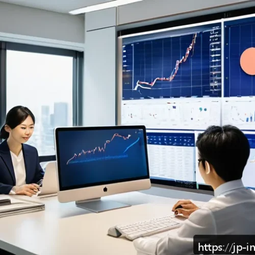 배당 성장 투자에 필요한 재무 분석 스킬 - A modern Japanese office setting with a diverse group of business professionals analyzing financial ...