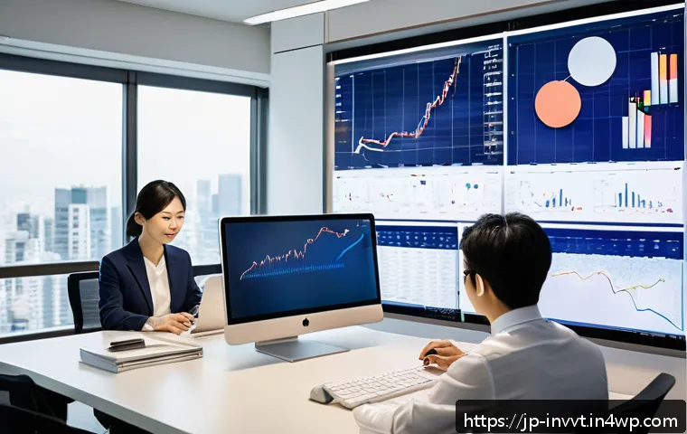 배당 성장 투자에 필요한 재무 분석 스킬 - A modern Japanese office setting with a diverse group of business professionals analyzing financial ...