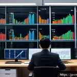 배당 성장주에 대한 시장 전망 - A modern office scene showing a professional Japanese investor analyzing detailed financial charts a...