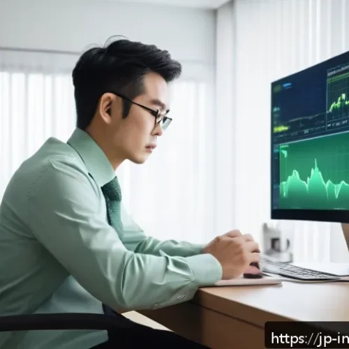 배당 성장 투자와 기술적 지표 - A modern Japanese investor in a sleek home office setting, analyzing stock charts on multiple comput...