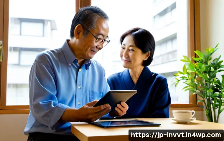 배당 성장 투자자의 성공적인 사례 - Photorealistic Japanese retired couple in a bright, tidy Tokyo apartment, calmly reviewing a diversi...